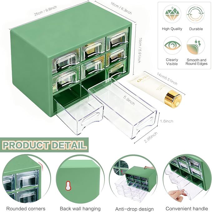 Desk Storage Organizer with 9 Drawers, FODIENS Stackable Desktop Craft Drawer Cabinet, Clear Storage Box Caddy for Makeup Jewelry Office Craft Supplies (9.84×6.3×5.9in) (Green)