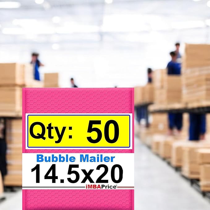 iMBAPrice 14.25x20 Inch Hot Pink Poly Bubble Mailers #7, 50-Pack – Jumbo Self-Seal Padded Envelopes for Large Fragile Items, Waterproof Shipping Bags E-Commerce Packaging