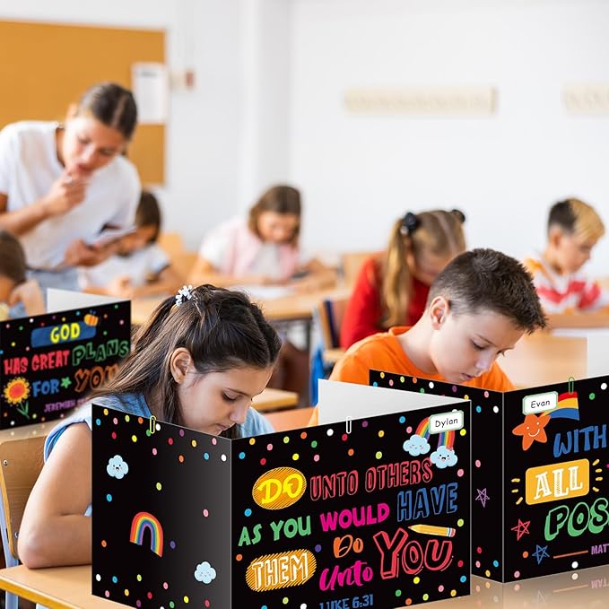 Cinrobiye 24 Pcs Christian Privacy Folders Standard for Students Cardboard Shields Test Privacy Boards Bible Words Desk Dividers Shield for Classroom School Study Supplies (Bible)