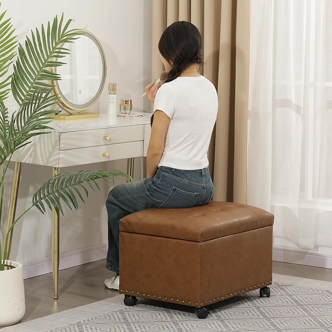 Decent Home 24" Leather Storage Ottoman with Steerable Rolling Wheels, Rectangle Foot Rest Ottoman with Storage for Living Room Bedroom, Vintage Golden Brown