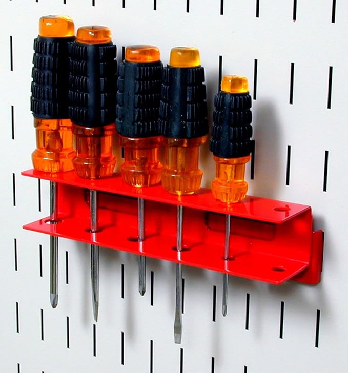 Wall Control Screwdriver Holder Bracket Slotted Metal Pegboard Accessory Slotted Tool Board - Red