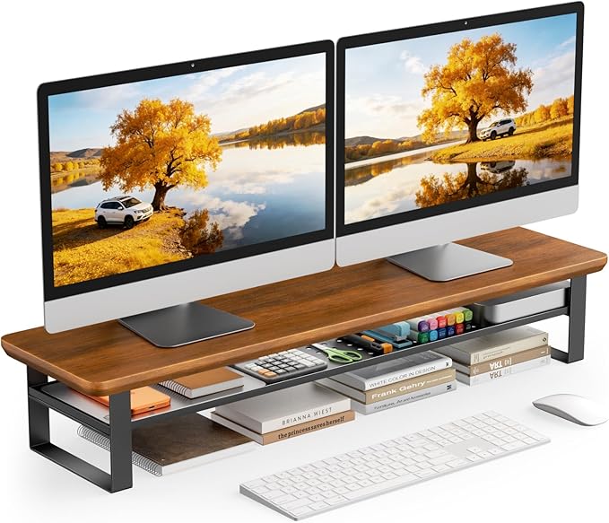 NestNeat Dual Monitor Stand, 35.4 Inch Monitor Stand Riser for 2 Monitors, 2 Tiers Wood Desk Shelf with Storage, Desktop Organizer Stand for Computer, Laptop, Printer, TV (Walnut, 35.4in)
