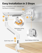 monTEK Sleek Aluminum Monitor Arm for 17–57” Ultrawide Screens up to 59.4 lbs, Heavy Duty Single Monitor Arm Desk Mount, Pneumatic Lift, Quick-Release Plate, Clamp/Grommet, Max VESA 100x100