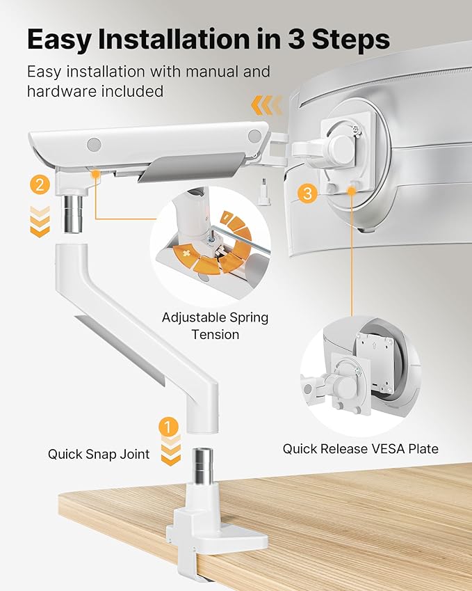 monTEK Sleek Aluminum Monitor Arm for 17–57” Ultrawide Screens up to 59.4 lbs, Heavy Duty Single Monitor Arm Desk Mount, Pneumatic Lift, Quick-Release Plate, Clamp/Grommet, Max VESA 100x100