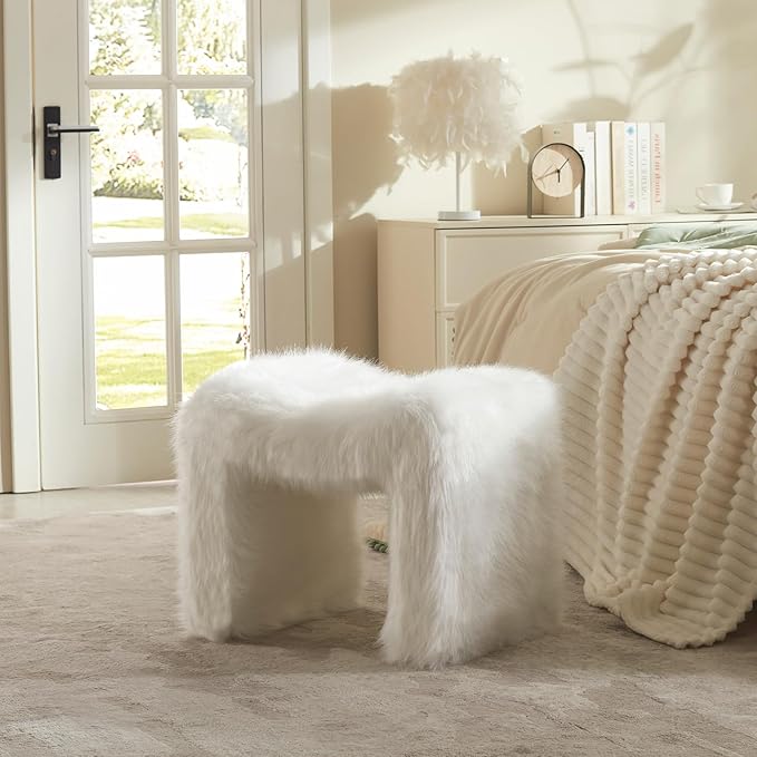 ZYKZYK Modern Vanity Stool Ottoman, Backless Faux Fur Small Footstool for Makeup Room, Living Room, Bedroom, Entryway Portable and Comfortable Seating (Single Piece) White