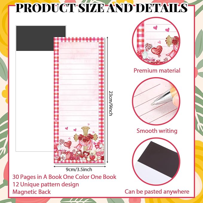 Eaasty 12 Pcs Seasonal Holiday Magnetic Notepads for Refrigerator Cross Monthly Magnetic Grocery List 9 x 3.5" Magnet Memo Pads 30 Sheet Per Pad Shopping to Do List for January to December