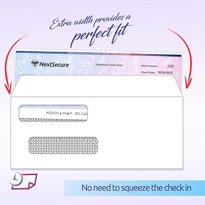 NextDayLabels #8 Double Window Check Envelopes - 100 Pack Ready-Seal Business Envelopes with Security Tint - Self-Sealing Envelopes with Window for Laser Printed Checks - Made in USA