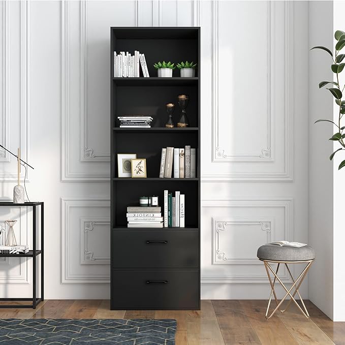 Tangkula 4 Shelf Bookcase with 2 Drawers, 74 Inch 4 Tiers Tall Open Bookshelf with 2 Slide-Out Drawers, Anti-toppling Device, Freestanding Wood Storage Shelf for Home Office (Black, 74" H)