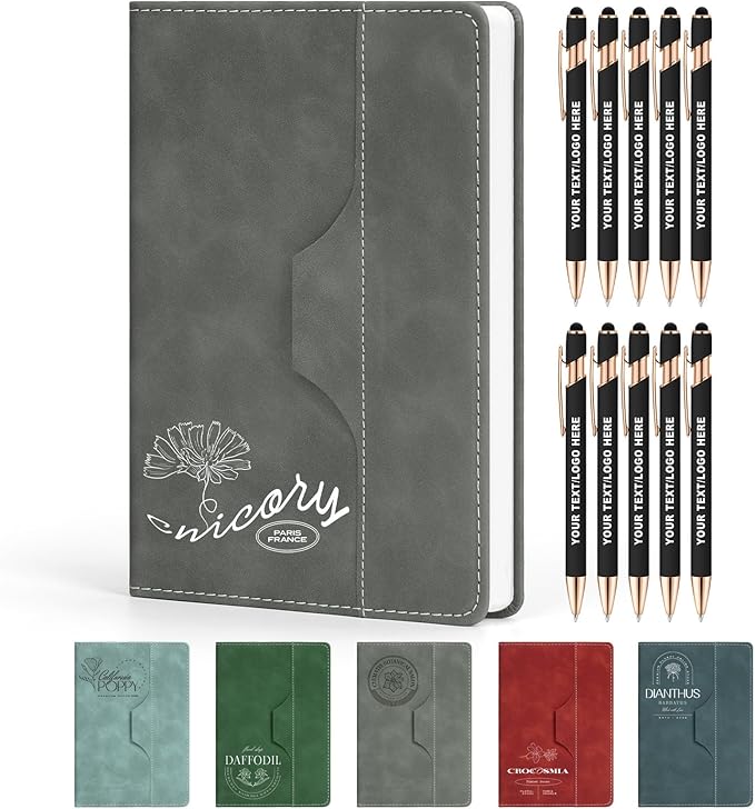 ENOMY Personalized Notebook Set with 10 PC Pens Lined A5 Custom Journal for Writing Men Women Custom Notebook Ideal Friend Girlfriend Gift, Gray