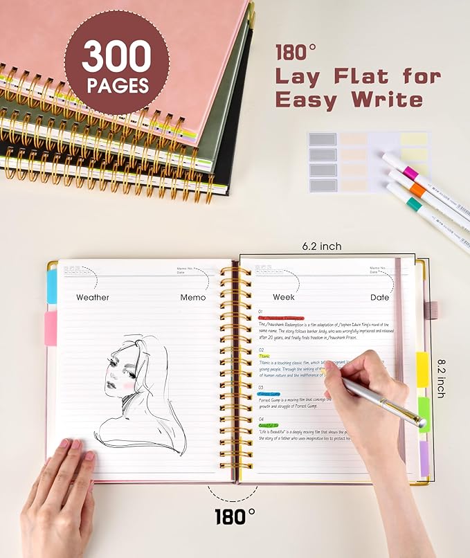 Hardcover Spiral Notebook journal with Removable Dividers Tabs, 300 Pages Leather 5 Subject Notebook College Ruled, 100GMS Notebooks for Work School Note taking,Lined Journal for Women,A5 Rose gold