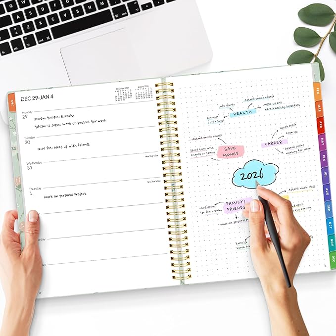 SUNEE 2026 Planner, Weekly and Monthly Calendar Planner, January 2026-December 2026, Daily Agenda with Tabs, Note Pages, Spiral Binding, 8.5"x11", Wildflowers