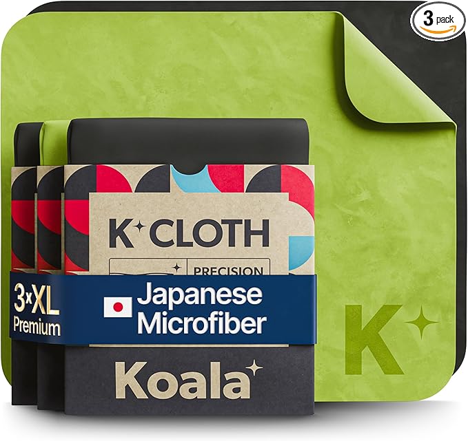 Koala Lens Cleaning Cloth | Japanese Microfiber | Glasses Cleaning Cloths | Eyeglass Lens Cleaner | Eyeglasses, Camera, VR/AR Headset, and Screen Cleaner | Black & Green (Pack of 3)