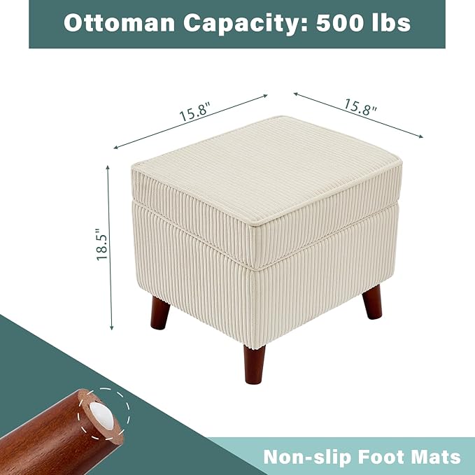 FAGAGA Storage Ottoman with Adjustable Lid, Soft Step Stool, Footrest and Seat, Ottoman Foot Rest for Living Room, Bedroom, Dorm, Beige