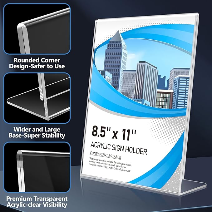 Eocnrhe Acrylic Sign Holder 8.5 x 11 6 Pack, Double-Sided Clear Sign Holder Plastic Stands for Display, Table Sign Stands, L Shape Flyer Holder