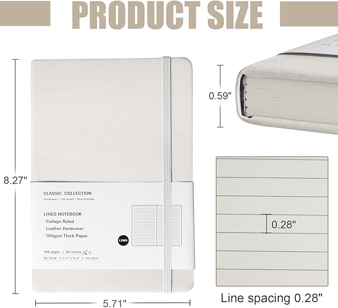 EMOMAS Lined Journal Notebook, 6Pack Hardcover Notebook for Men & Women – Journals for Writing, Work, School, Home & Daily Notes, 160 Pages – Medium A5, 5.7"x8", 100 gsm Thick Paper (White)