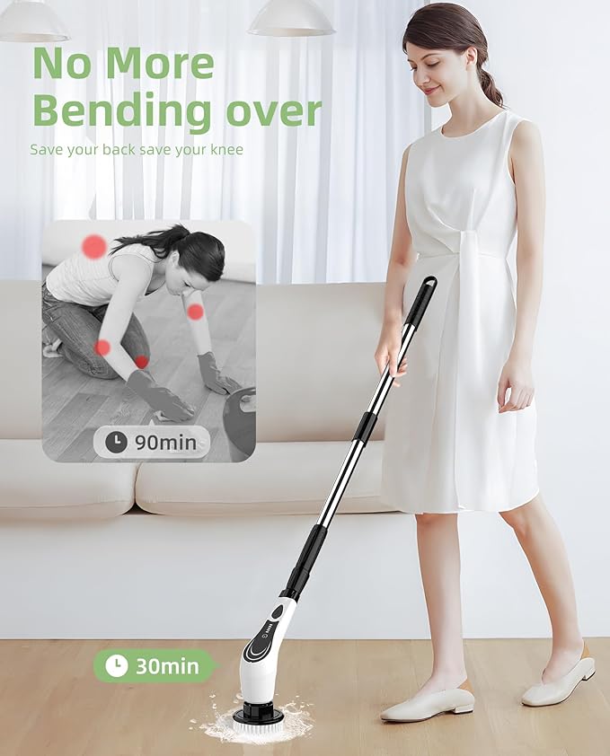 Lichffy Electric Spin Scrubber, Cordless Shower Scrubber with 8 Brush Heads with Adjustable, 2H Power Dual Speed, Power Brushes with IPX7 Waterproof for Floor, Sink, Bathroom, Tile, White-qwrx3