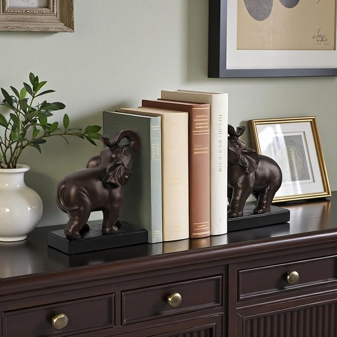 MXARLTR Elephant Decorative Bookends, Bookends for Shelves, Book Ends for Heavy Books with Anti-Slip Pad for Book Lovers Heavy Book Holder for Home Office Decor (Bronze)