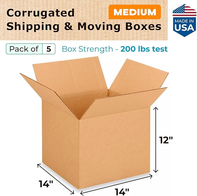 Medium Moving & Shipping Boxes 14 x 14 x 12 inches (5-Pack) - Extra Strength 200 lb vs Regular - Corrugated Cardboard Boxes for USPS/UPS/FEDEX - Pack of Moving Box - Heavy Duty Box by IDL Packaging
