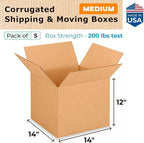 Medium Moving & Shipping Boxes 14 x 14 x 12 inches (5-Pack) - Extra Strength 200 lb vs Regular - Corrugated Cardboard Boxes for USPS/UPS/FEDEX - Pack of Moving Box - Heavy Duty Box by IDL Packaging