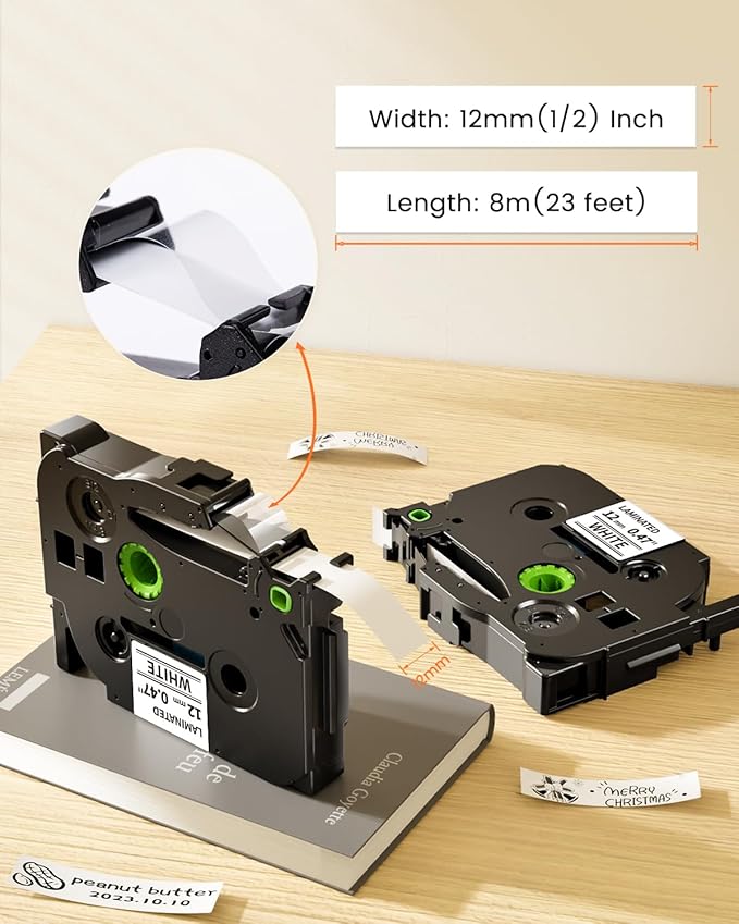Colorty Replace for Brother Tape Cassette P Touch Label Tape 12 mm 0.47 Laminated White Tz TZe-231 Label Maker Ptouch Refills for PT-D400 D410 H100 1090 1290 1880 1750 2040 12mm x 8m, 8-Pack