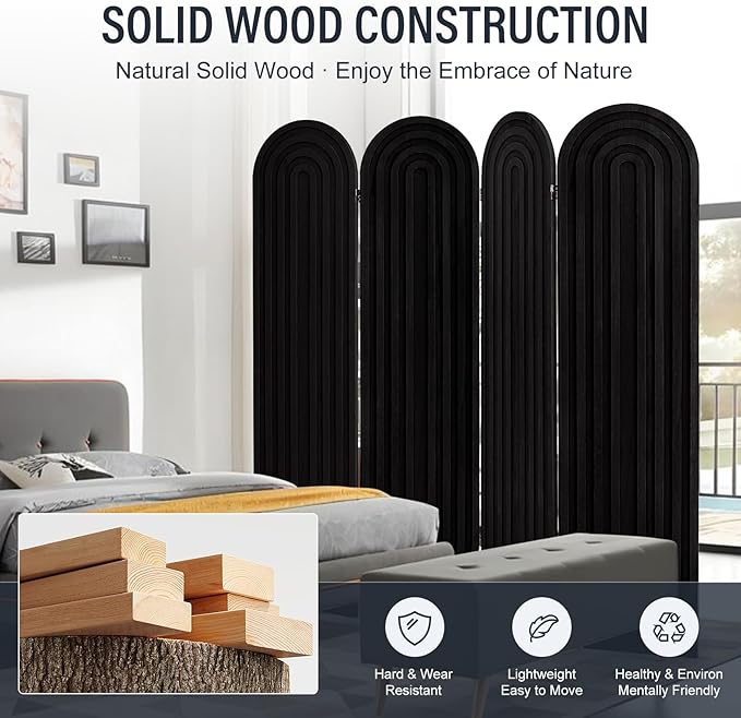 Asnefeli Room Divider and Folding Privacy Screen, 4 Panel Wood Arched Room Divider Wall, Portable Freestanding Partition Screen, Partition Divider for Room Separation for Home Office Bedroom, Black