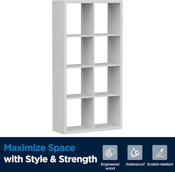 Jpiziso 8 Cube Storage Organizer, Cube Shelf with Heavy-Duty Thick Boards, 25.12" L x 9.37" W x 48.74" H, Smooth Easy-Clean Panels, Simple Assembly, for Living Room Bedroom Office, White