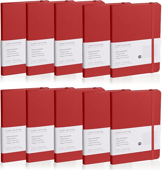 EMOMAS Lined Journal Notebook, 10Pack Hardcover Notebook for Men & Women – Journals for Writing, Work, School, Home & Daily Notes, 160 Pages – Medium A5, 5.7"x8", 100 gsm Thick Paper (Red)