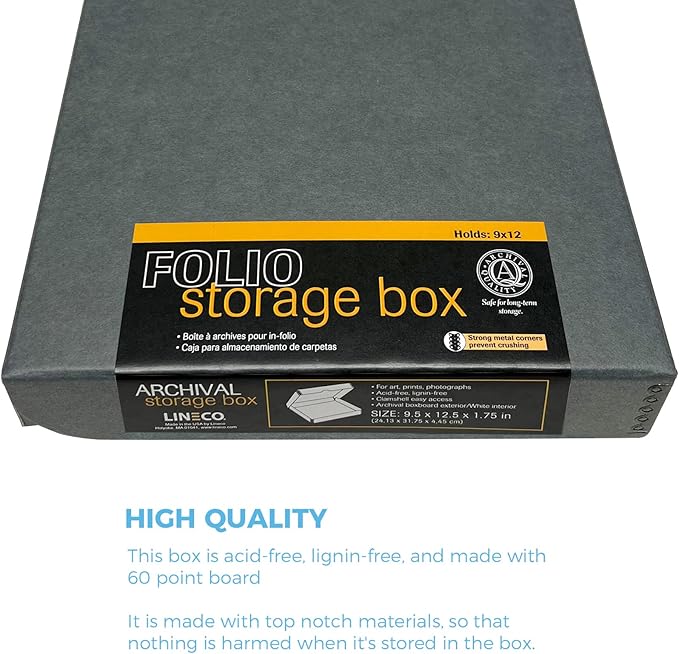 Lineco Folio Storage Box, Clamshell Design with Metal Edge. 9.5x12.5x1.75, Archival Boxboard, Preserve Photos, Prints, Cards, Magazines, Documents, Art, Ephemera, Family Records, Gray, Pack of 2