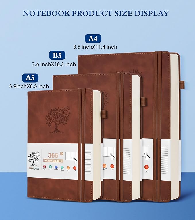 PERCUN A4 Lined Journal Notebook，365 Page Large Leather Journals for Writing Women Men，Hardcover Notebook with 100Gsm Thick Pages for Travel，Work，School，College Ruled, Daily Diary (8.5" x 11.4")