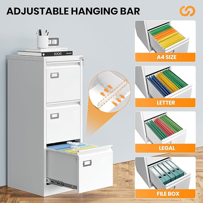 AFAIF 3 Drawer File Cabinet with Lock, Metal Filing Cabinets for Home Office, Vertical White Locking File Caninet, Steel Narrow Three Drawer File Cabnet for Letter/Legal / A4 / B4- Assembly Required