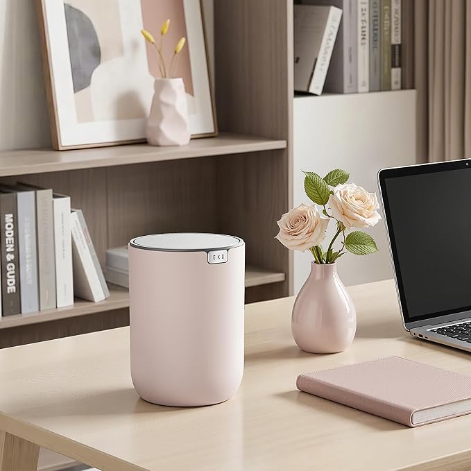 EKO Fandy 0.58 Gal/2.2L Mini Trash Can with Lid, Swing-Top Desktop Trash Can for Bathroom, Countertop, Vanity, Desk or Office, Small Garbage Bin (Pink)