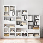 IOTXY Wooden Open Shelf Bookcase - 51 Inches Height Freestanding Display Storage Cabinet Organizer with 7 Cubes and a Drawer, Floor Standing Bookshelf in Warm White