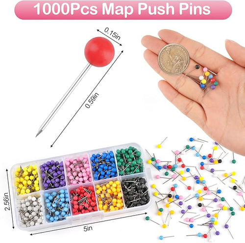 1000 Pcs Multi-Color Push Pins, Map Pins for Travel Map, 1/8" Small Map Tacks with Plastic Beads Head for Cork Board, World Map Pin Board, Bulletin Board, Fabric Marking, Craft, Office
