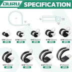 OURU 30PCS Stainless Steel Cable Clamps 9 Sizes—1/8" 3/16" 1/4" 5/16" 3/8" 1/2" 5/8" 3/4" 1" Rubber Coated Cushioned Insulated Cable Clamp,Automotive Cable Wire Clamps,Pipe Clamps(Black)