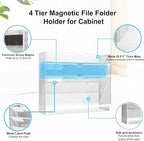 KZWKRG 4 Tier Magnetic File Holder, Large Capacity Mesh Hanging Wall Organizer Vertical Magnetic Hanging File Organizer, Magnetic File Folder Holder for File Cabinets, Office, Whiteboard (White)