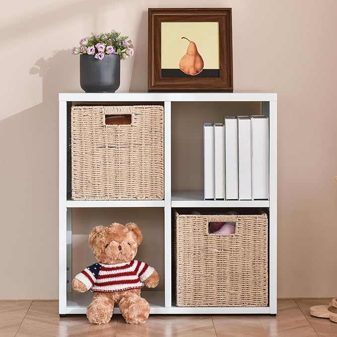 IRONMIX White Cube Storage Organizer, Metal Short Bookshelf with Storage, Modern 2 Tier Horizontal Bookshelf, Short Cabinet Display Case, Small Cube Bookcase for Home Office Library (White, 700+1037)