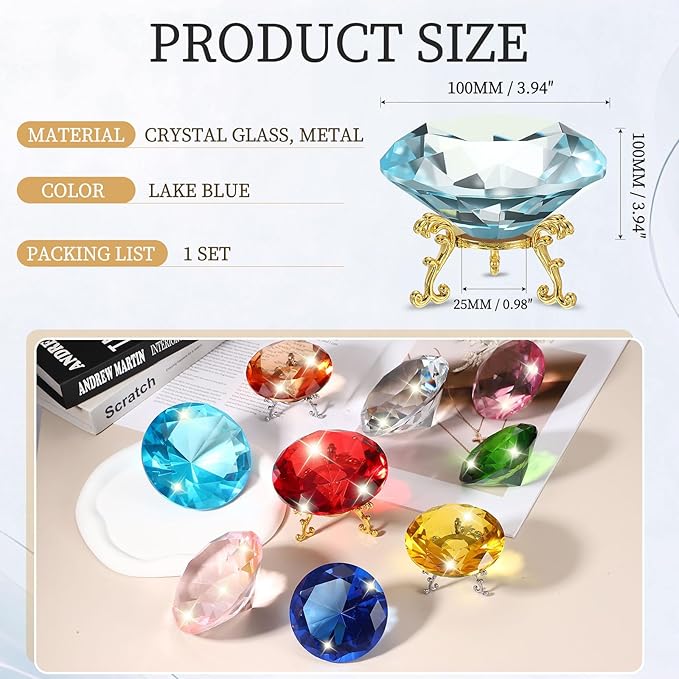 PATIKIL Diamond Crystal Paperweight, 100mm / 3.94" Crystal Paperweight Paper Weight with Gold 25 Metal Base for Home Office Desktop Table Decor Wedding Party Ornaments, Lake Blue