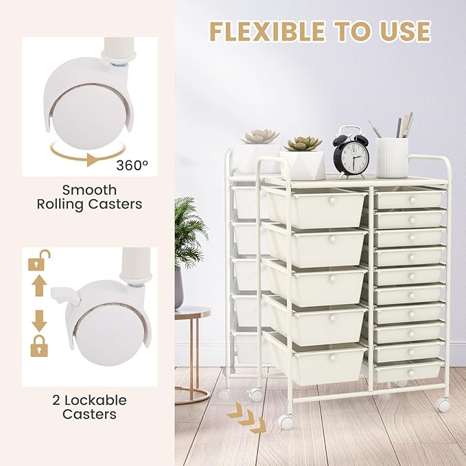 LDAILY 15 Drawer Rolling Storage Cart, Rolling Cart with Drawers for Classroom, Art Supply Craft Organizer on Wheel with Metal Frame & Handles for Home Office School