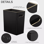 LADSTAG Black 3 Gallon Waste Basket 4 Gallon Trash Can, Office Wastebasket with Gold-Tone Edging Decoration for Bathroom,Pu Leather Waste Bins for Toilet Bedroom Living Room, Office Home Modern Decor