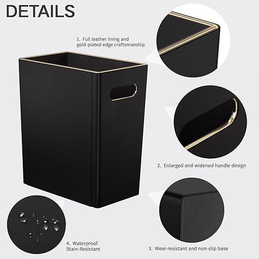 LADSTAG Black 3 Gallon Waste Basket 4 Gallon Trash Can, Office Wastebasket with Gold-Tone Edging Decoration for Bathroom,Pu Leather Waste Bins for Toilet Bedroom Living Room, Office Home Modern Decor