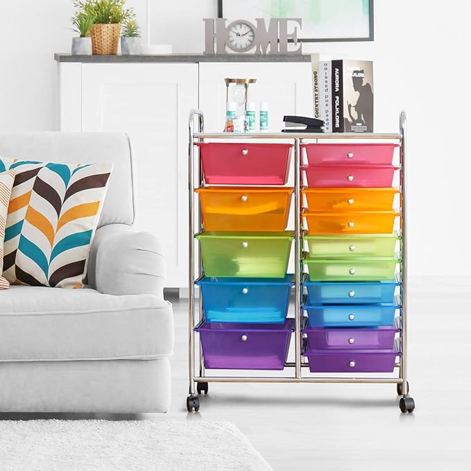 GLACER 15 Drawers Rolling Cart, Storage Cart with w/Removable Drawers & Steel Frame, Multipurpose Organizer Cart w/Sleek Handle, Utility Cart on Lockable Wheels for Home, School, Office (Rainbow)