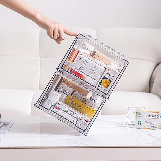 Sgoostood 2 Pack Stackable Organizer Drawers, Clear Desk Storage Box,Transparent Drawer in Home, Office and Kitchen Pull Out Organizer Bins for Make Up, Pen, Desktop Stationary (2Extra Large)