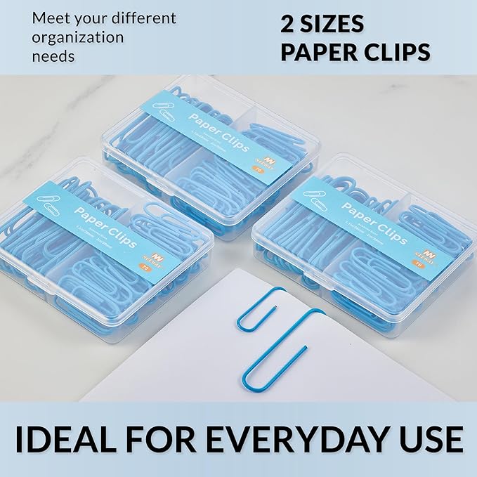 NEEWAY Colorful Paper Clips Assorted Sizes, Small and Large Paperclips, 210 Count, 3 Pack of 70 (Blue)