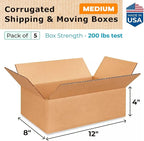 Medium Moving & Shipping Boxes 12 x 8 x 4 inches (5-Pack) - Extra Strength 200 lb vs Regular - Corrugated Boxes for Packaging for USPS - Shipping Box Medium - Cardboard Box by IDL Packaging