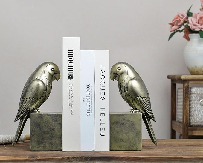 Kakizzy Gold Parrot Book Ends for Shelves,Vintage Bird Decorative Bookends,Resin Book Stopper for Books,Parrot Statue Gifts for Woman Home Office Bookshelf Decor,Unique Book Lover Gift