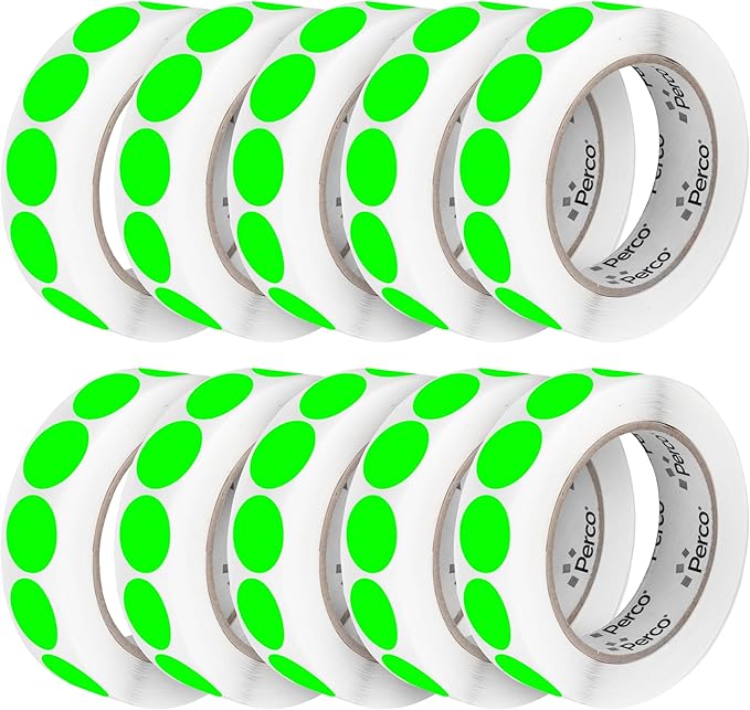 Perco Fluorescent Green 1-Inch Perforated Circle Dot Sticker Labels — 10 Rolls, 10,000 Round Stickers — with Permanent Adhesive for Inventory Management, Color Coding, Garage Sales, Crafts—Made in USA