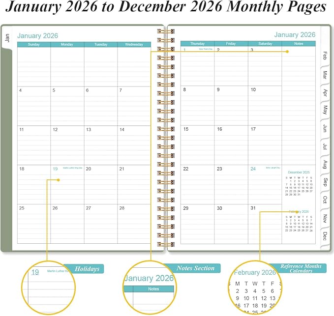 2026 Planner - Planner 2026 from January 2026 - December 2026, Weekly & Monthly Planner Spiral Bound with 12 Monthly Tabs, Inner Pocket, 6.4" x 8.5", Green-A