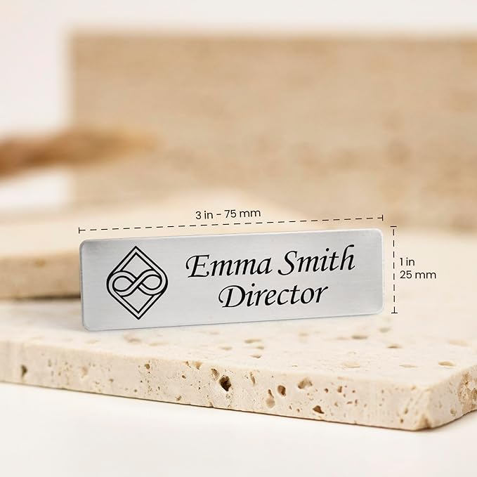 Custom Engraved ID Name Tag Badges Identification Personalized with Text & Logos, Metal Name for Clothing with Pin or Magnetic Backing Plates for Business and Employees (Text with Logo)