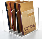 AIMOLLY 4 Vertical Compartments File Holder, Clear Acrylic Desk Organizer and Storage Bins Holding for Magazines, Binders, Notebooks, Envelopes, Multi-purpose Document Organizer for Home Office
