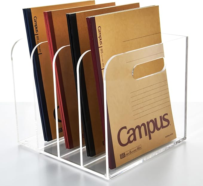 AIMOLLY 4 Vertical Compartments File Holder, Clear Acrylic Desk Organizer and Storage Bins Holding for Magazines, Binders, Notebooks, Envelopes, Multi-purpose Document Organizer for Home Office